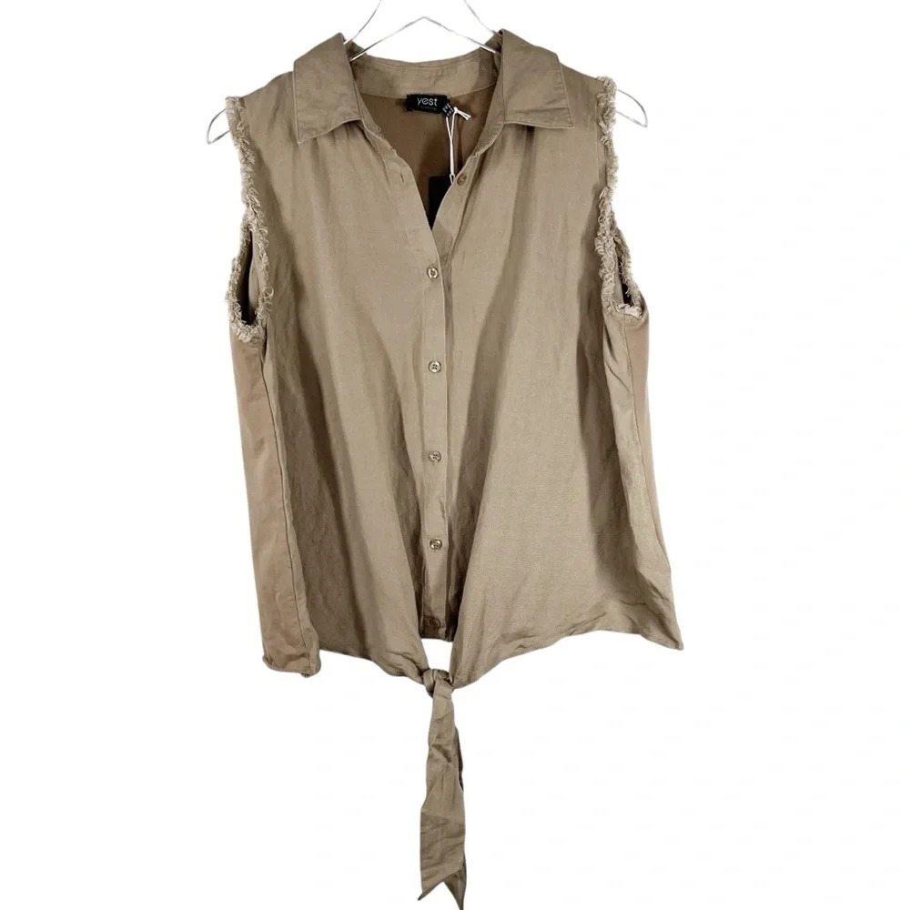 YEST Tan Linen Lightweight Collared Sleeveless Button Blouse with tie waist XL